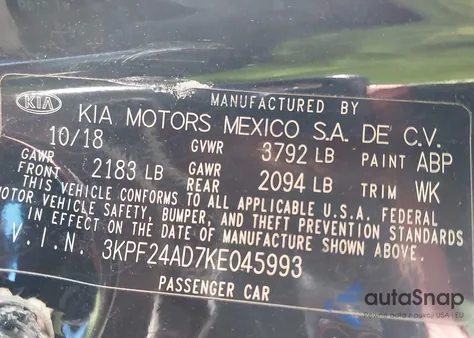 2019 Kia Forte Lxs from USA, damaged, VIN 3KPF24AD7KE045993